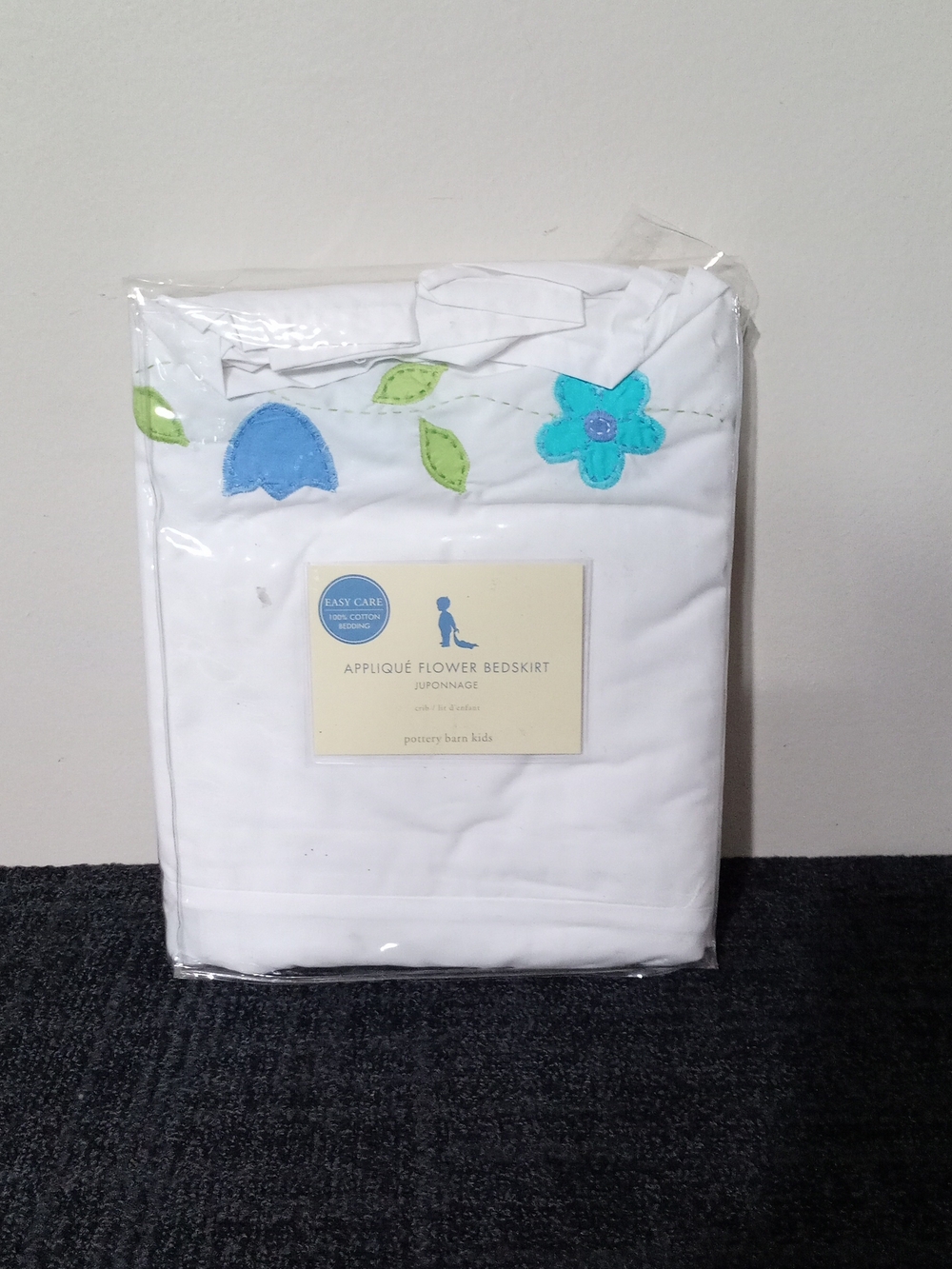 Appliqué Flower Bedskirt - White with Blue & Green Flowers